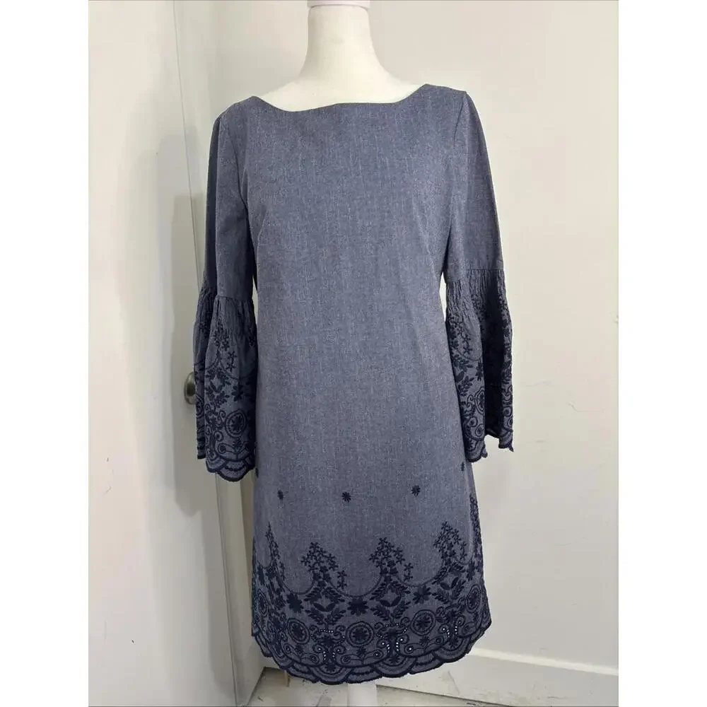 Eliza J Blue Chambray Embroidered 6 Bell Sleeve Boat Neck Mini‎ Dress NWOT